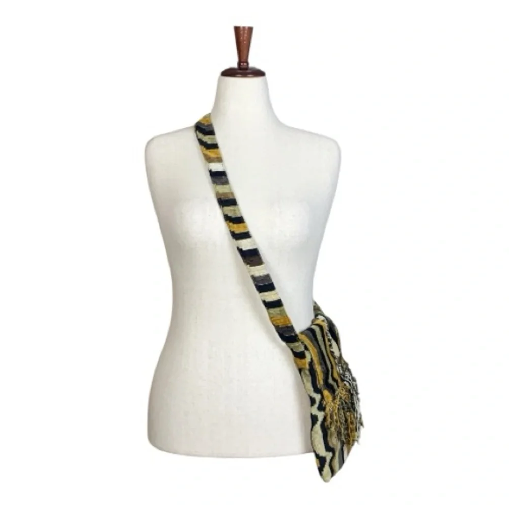 Striped Woven Knit‎ Boho Crossbody Bag Gold Black Tan Shades Fringe Aztec Hippie